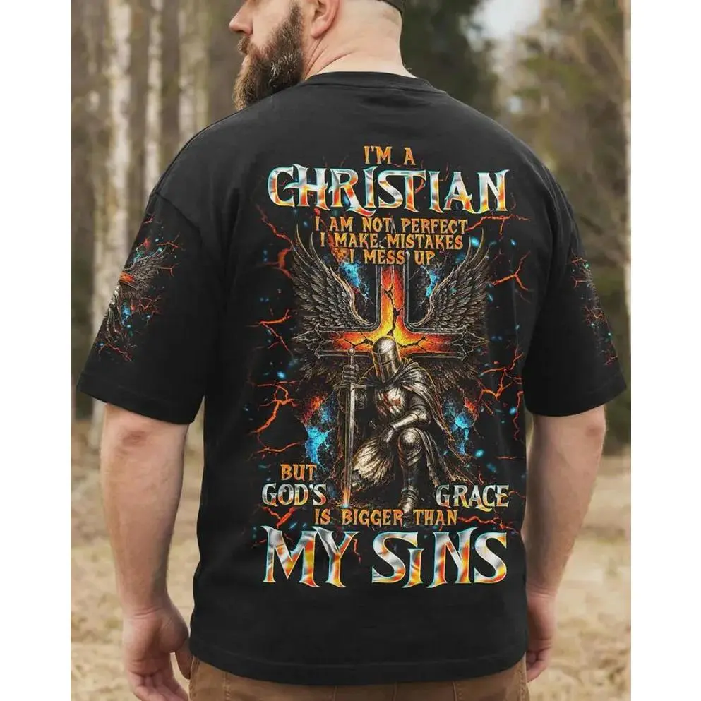Christian Knight Wing Cross God's Grace Bible Verse Dual Print Short Sleeve T-Shirt, Unique Faith Present For Believers Church Events #   TikTokMadeMeBuyIt #   TikTokShop # ChristianTee # FaithStreetwear # KnightCrossShirt