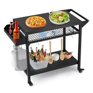 Garvee 2-Tier Outdoor Metal BBQ Grill Cart with Lockable Wheels - Prep & Serving Table, Side Mesh Shelf, 8 Hooks - Movable Island & Pizza Oven Stand for Patio, Camping, Parties