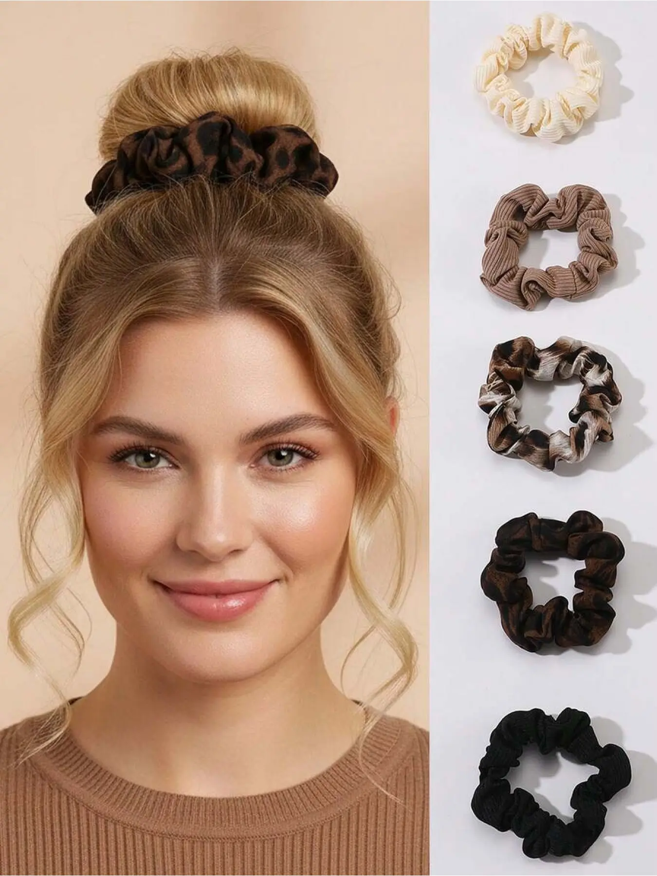 5Pcs Scrunchies Retro Western Style Classic Leopard Print & Ribbed Knit High Elastic Hurt-Free Hair Ties Fashionable Hair Accessories for Women Daily Bun Styling & Fall Winter Outfits
