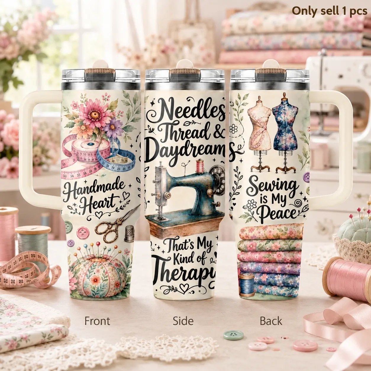 Sewing Lover 40oz Insulated Tumbler, Crafty Stainless Steel Travel Cup with Handle & Straw Lid for Coffee, Water, Quilting Room, Office, Workshop, Car, Gift for Sewers