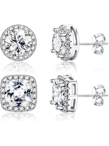 Stud Earrings for Women Men - 925 Sterling Silver Earrings for Sensitive Ears - 6/8/10mm Cubic Zirconia Earrings Studs-18K Gold Plated Simulated Diamond CZ Halo Earrings 2/4Pairs Square Stud Earrings Stud Earring Jewelry Artificial Zirconia Earrings