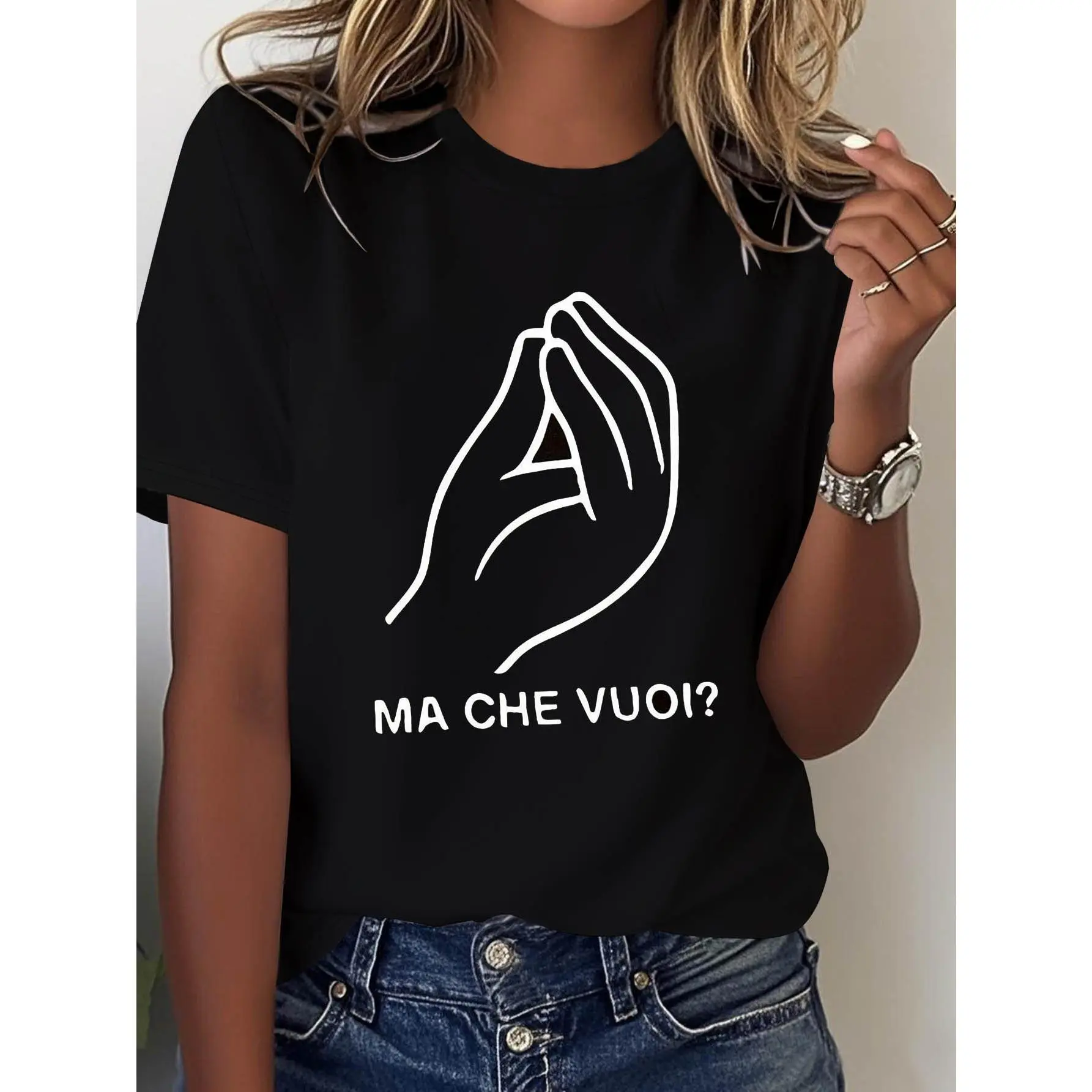 Plus Size, MA CHE VUOI Graphic Print Plus Size Women's T-shirt, Short Sleeve Crew Neck Casual Top for Summer & Spring, Women's Clothing