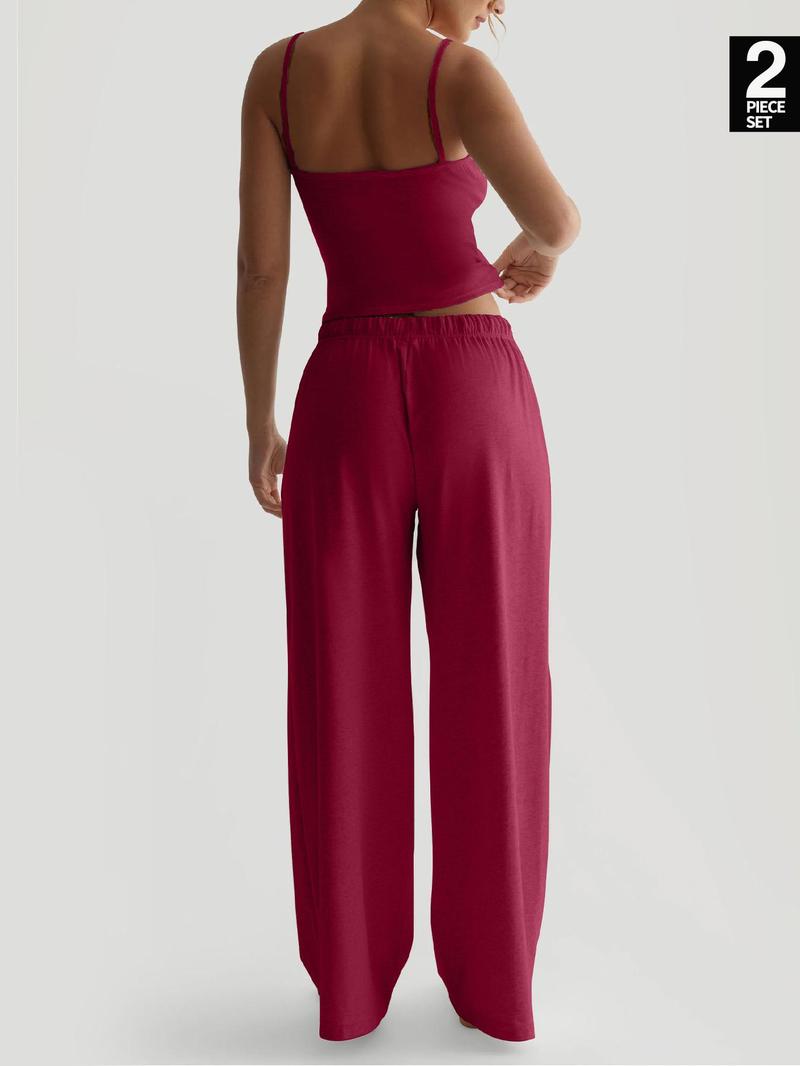 Women's Solid Cami Top & Wide Leg Pants Loungewear, Casual Comfy Pyjama Set for Women, Women's Sleepwear for Summer, Homewear, Pajamas