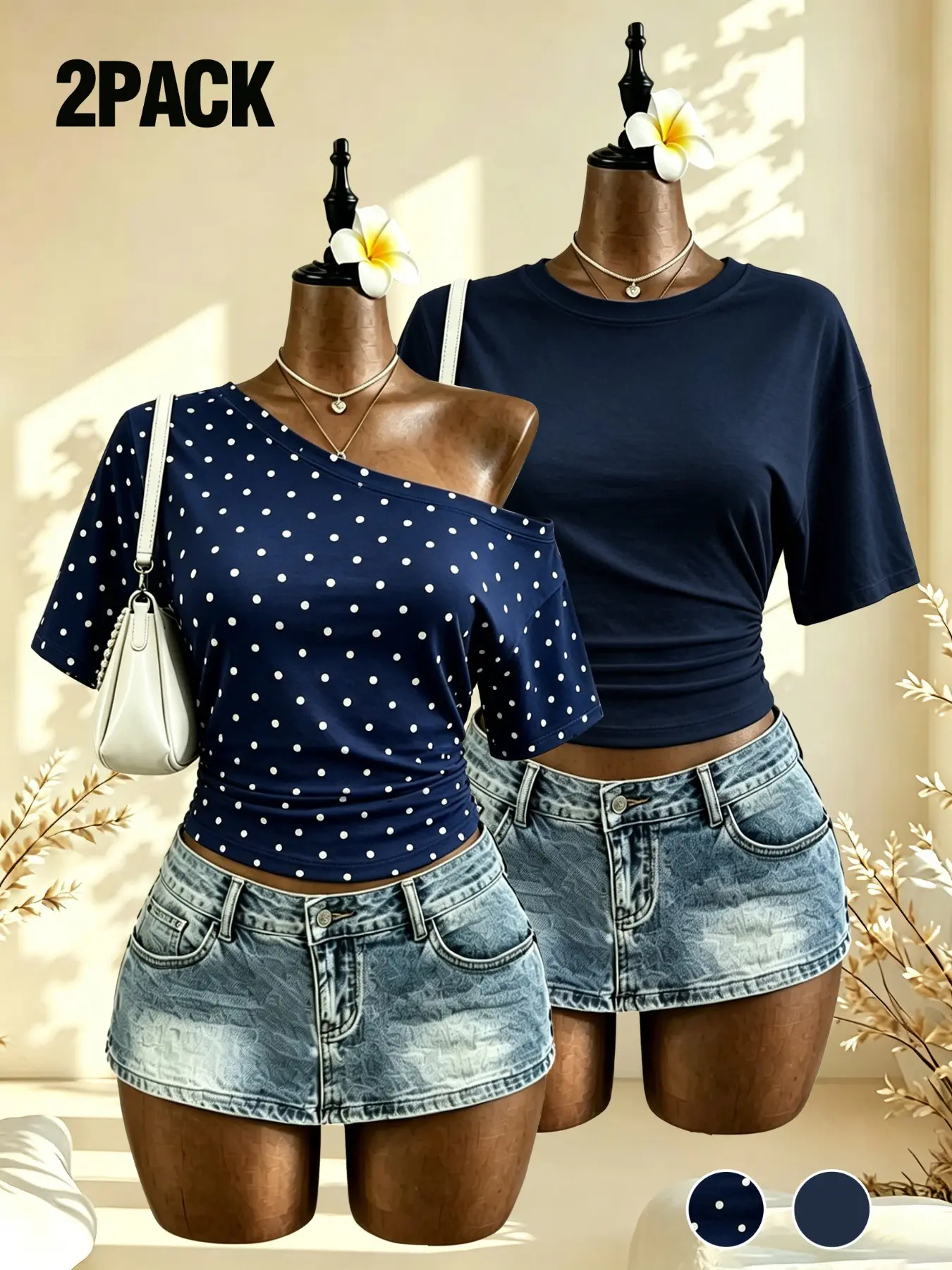 2Pcs Women Off Shoulder Crop Tops Solid Polka Dot Leopard Print Crew Neck Drop Shoulder Tees Summer Casual Daily Outdoor Basic Short Sleeves T Shirts For Young Ladies Multi Colors