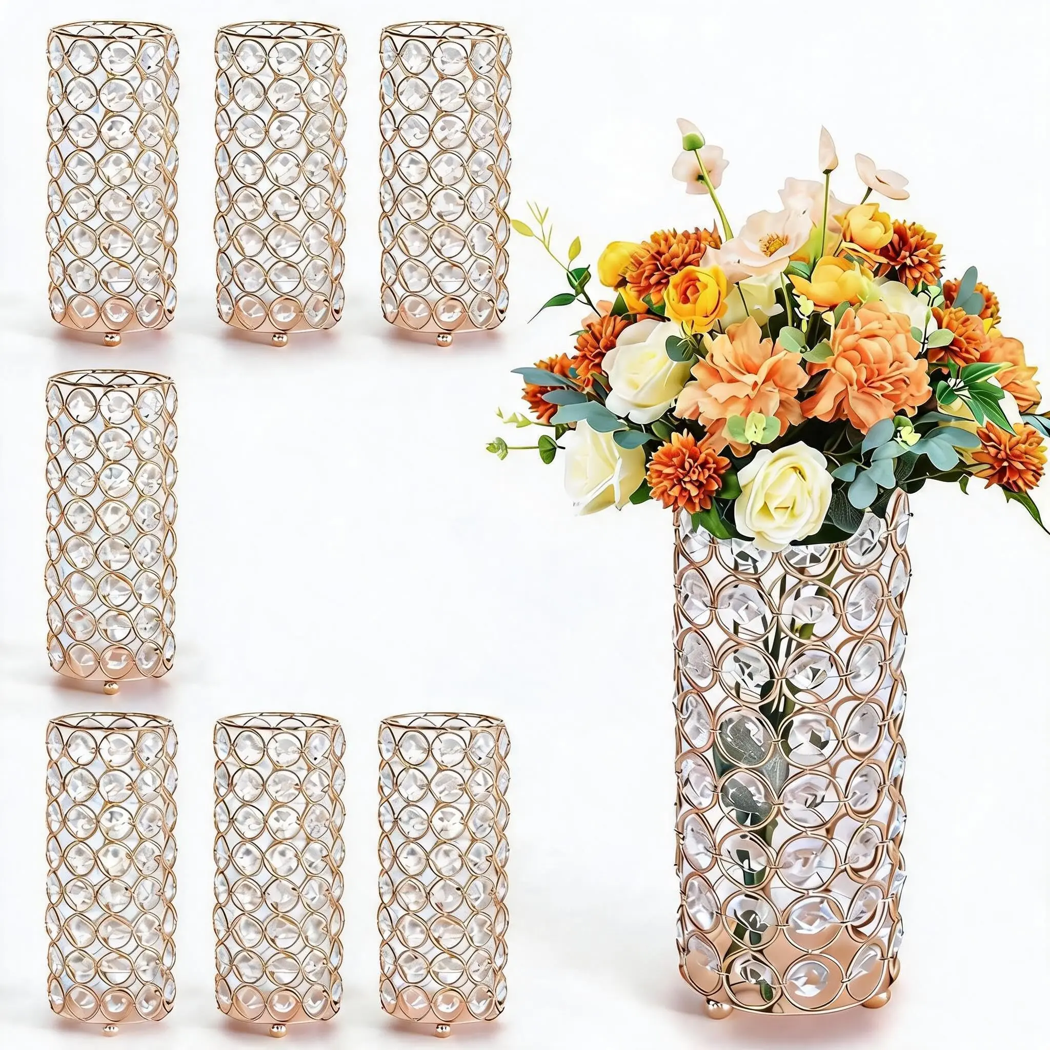 8PC Elegant Cylindrical Crystal Vase & Candle Holder Set – Crystal Flower Stand Centerpiece for Table, Wedding & Home Decor