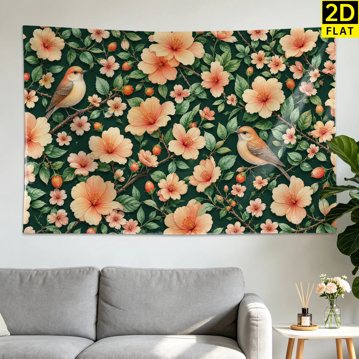 Vintage Floral Birds Wall Tapestry - Large High-Res Print Polyester Wall Hanging, No-Installation Home Decor Artwork for Bedroom, Living Room, Gift Idea for Family and Friends
