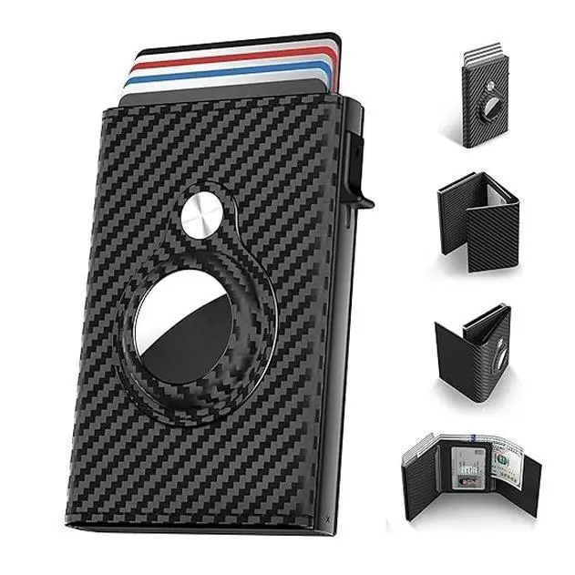 Men's Ergonomic Leather Slim Carbon Fiber Minimalist Smart Business Wallet-Card Holder, RFID Safe, 9-14 Card Capacity, ID Window, Cash Slot, AirTag Accessory, Father's Day Gift for Parents, Adult Business Wallets