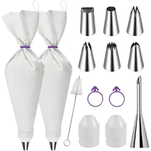 14 count Professional  Piping Bags and Tips Set - 16 Inch Heavy Duty  Pastry Bags with 6 Stainless Steel Nozzles, Non-Slip Leakproof  Icing Bags for Cake Decorating,Churros,Cookies