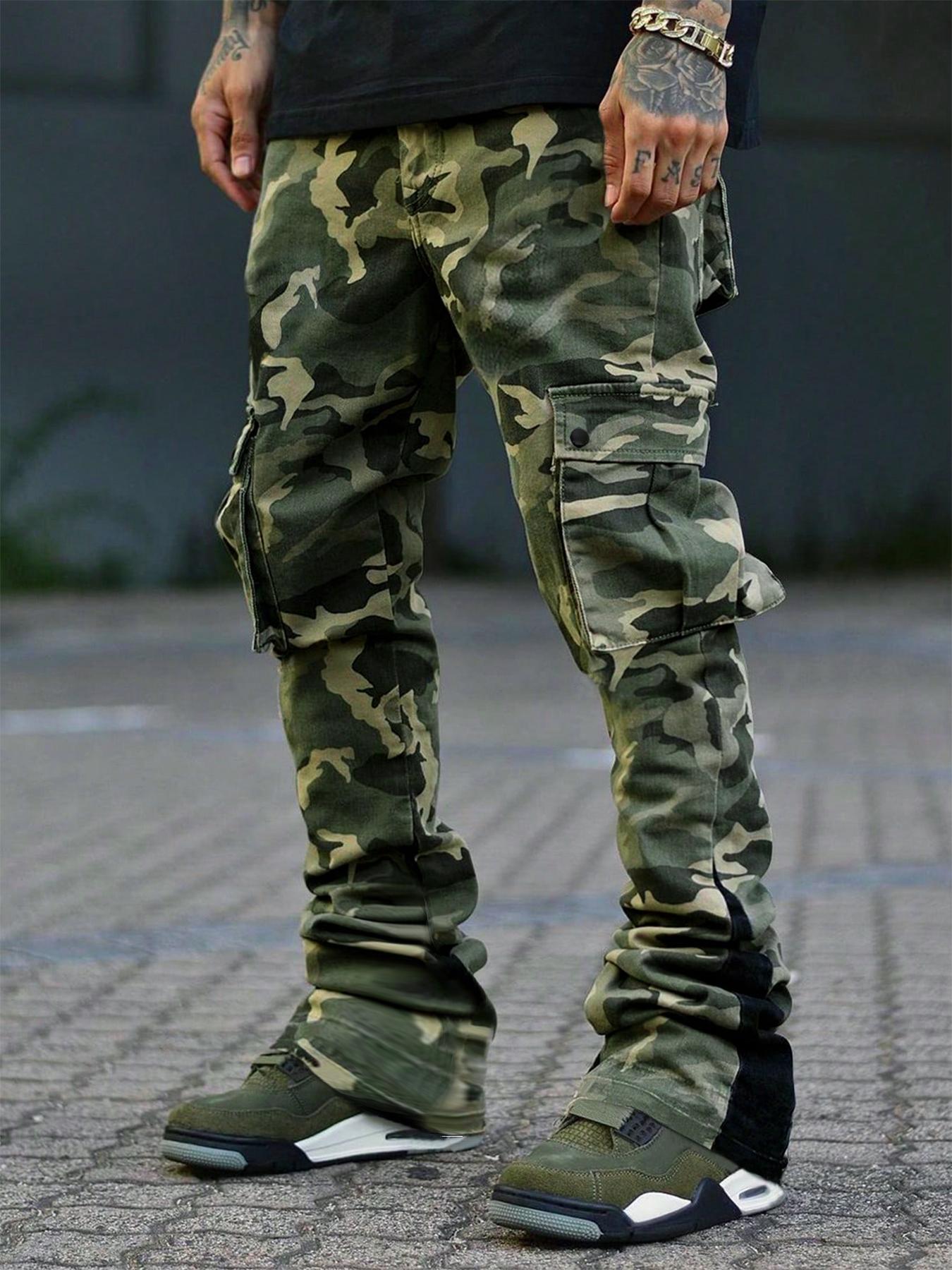 Men's Camo Print Drawstring Waist Cargo Pants, Regular Fit Street Fashion Pocket Split Hem Trousers, Men's Bottoms for All Seasons Daily Wear