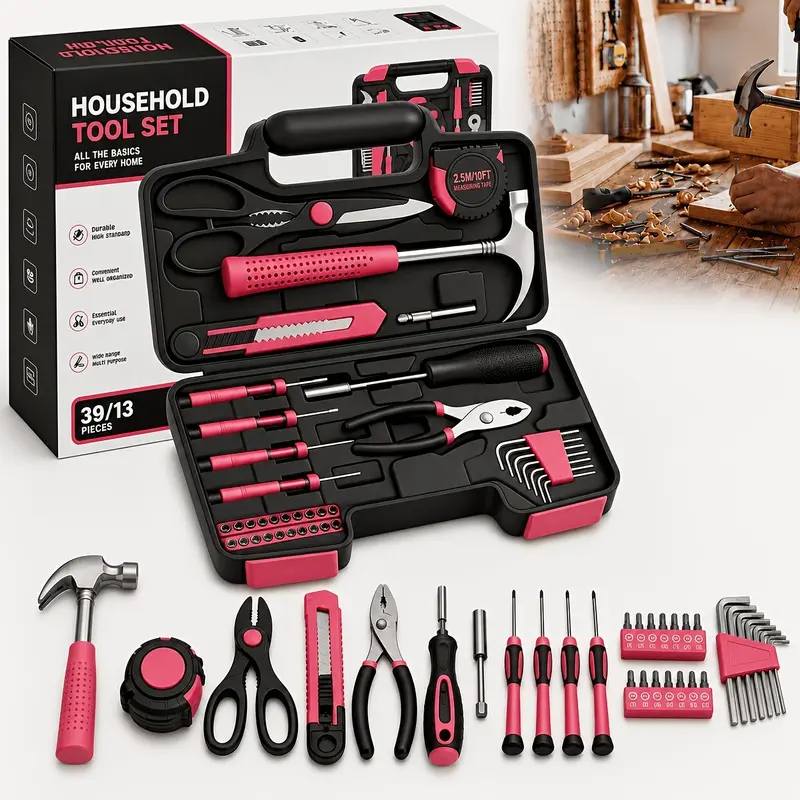 39/24 Piece Pink Tool Set with Optional Handheld Tools Multi - purpose Home Repair Beginner DIY Car Repair Dorm Toolkit Gift for Women's Day