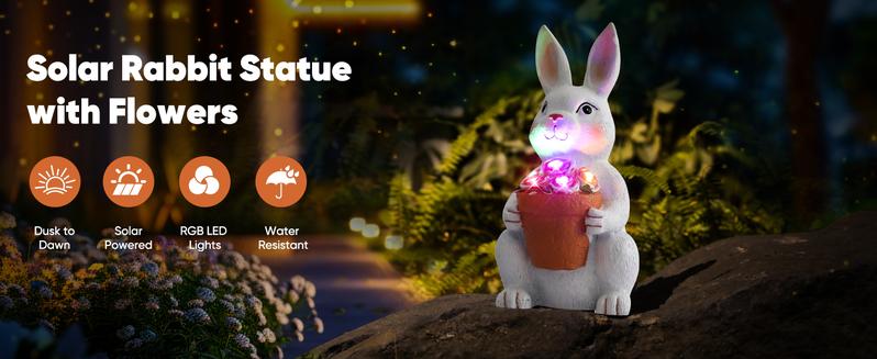 Solar Outdoor Garden Statues- Rabbit with Flowers and 5 Colorful LED Lights, 11.8IN Outdoor Figurine Lights, Solar Garden Bunny Decor for Patio, Unique Gifts for Mom, Birthday, Housewarming