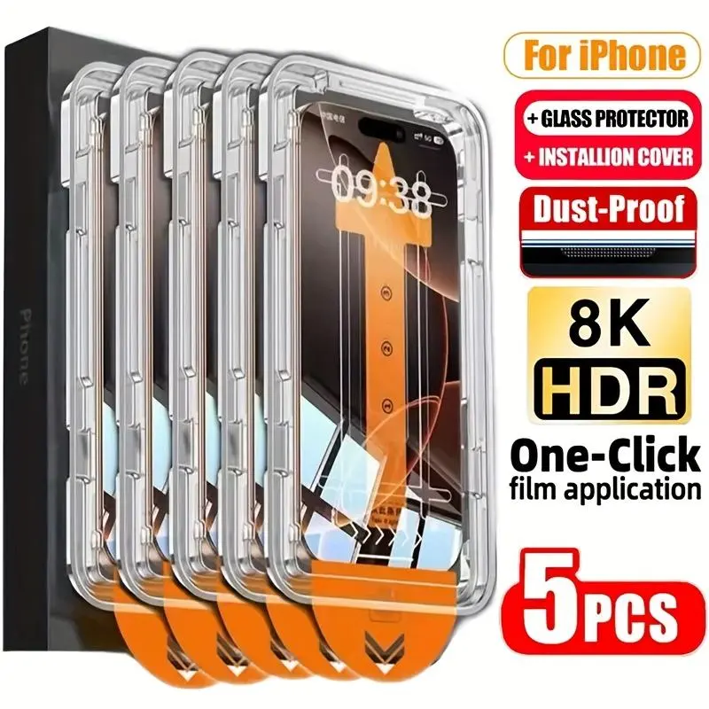 5pcs HD Dust-Free Screen Protector with Oleophobic Coating, Easy Installation, Compatible with iPhone 17 Pro Max/Air 16/16e/15/14/11/13/12/11 Pro Max/XS Max/X/XR, Full Coverage Tempered Glass, HD Clear, Anti-Scratch, Bubble-Free
