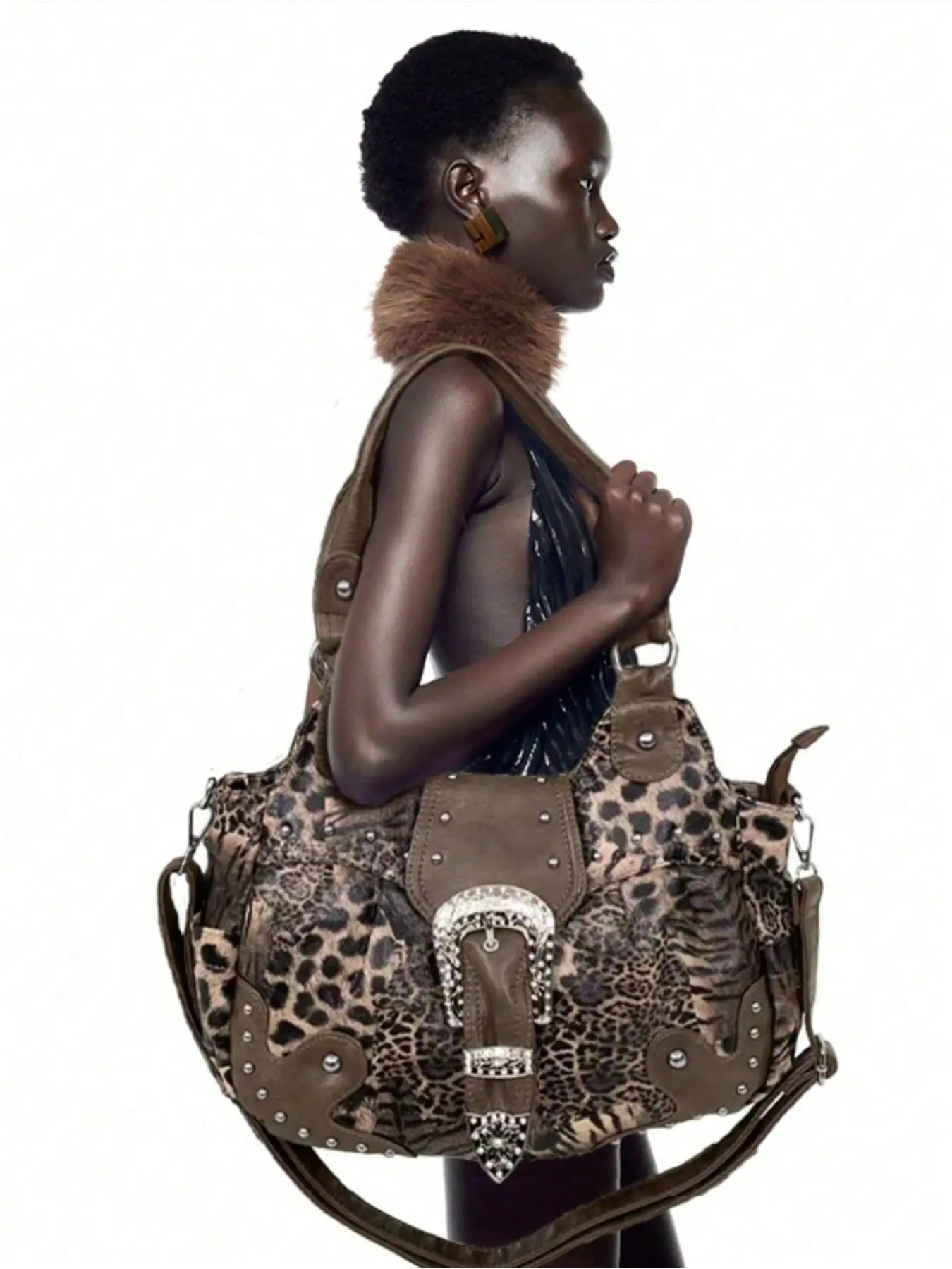 Ladies' fashionable retro Y2K spicy girl handbag, large capacity, multiple pockets, leopard print punk diagonal cross bag, flip design, washed and worn vegan bag, suitable for vacation, shopping, work, holiday gifts, Animal Print Handbags