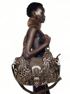 Ladies' fashionable retro Y2K spicy girl handbag, large capacity, multiple pockets, leopard print punk diagonal cross bag, flip design, washed and worn vegan bag, suitable for vacation, shopping, work, holiday gifts, Animal Print Handbags