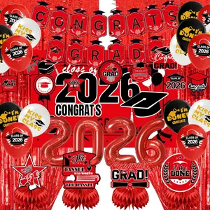 Graduation Party Decorations 2026–Black Red Grad Banner, Class of Backdrop, Balloons, Fringe Curtains and Foil Balloon, Streamers Kit–Complete Graduation for High School & College Celebrations (Red)