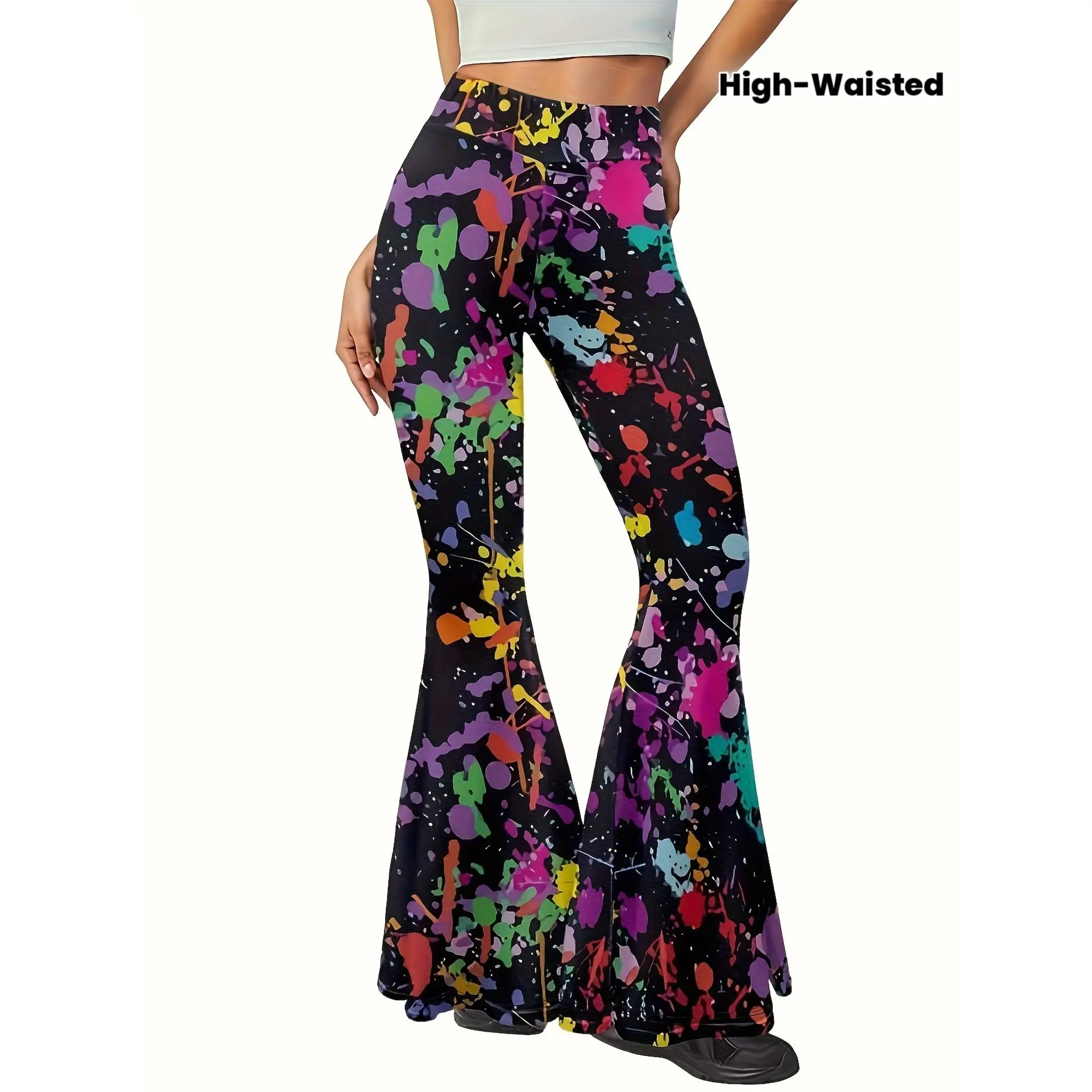 High-Waisted Graffiti Splatter Paint Black Flared Pants