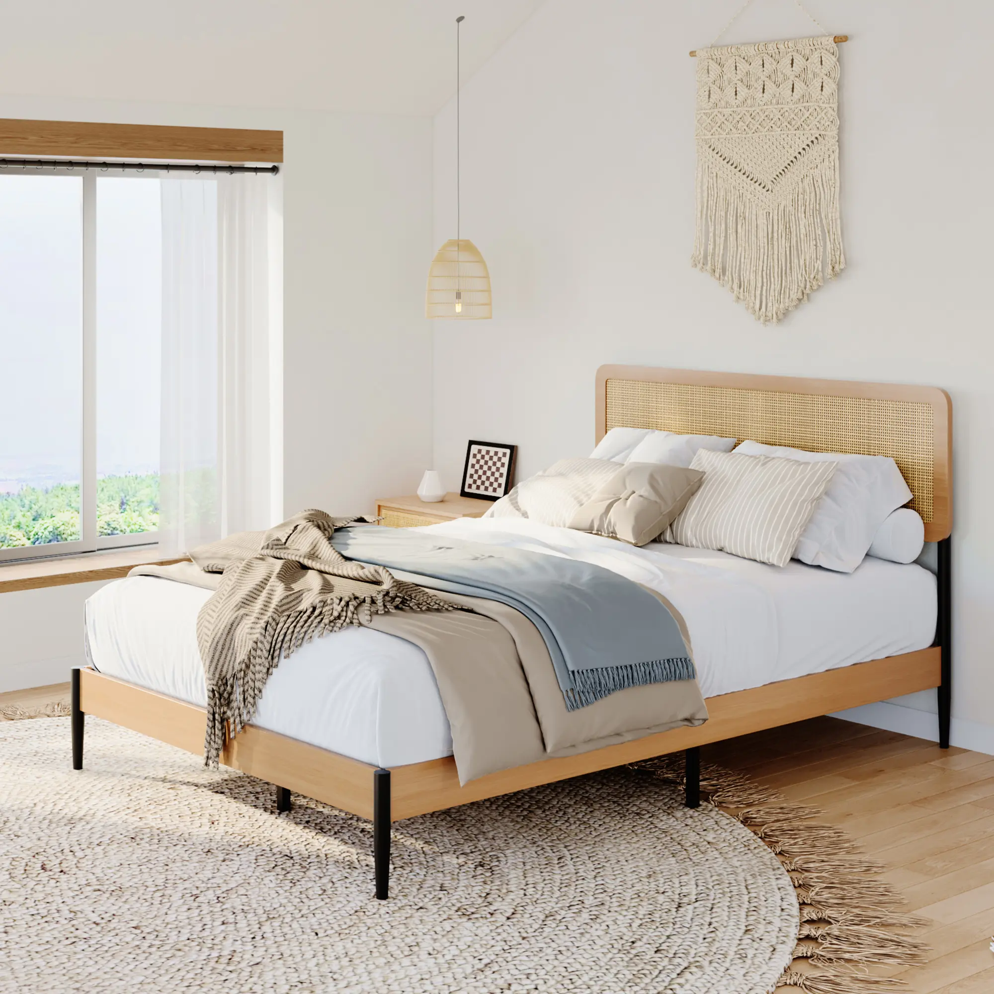 FULL/Queen/King Size Bed Frame with Rattan Headboard – No Box Spring Needed, Wooden Platform Bed, Under Bed Storage, Noise Free, Easy Assembly