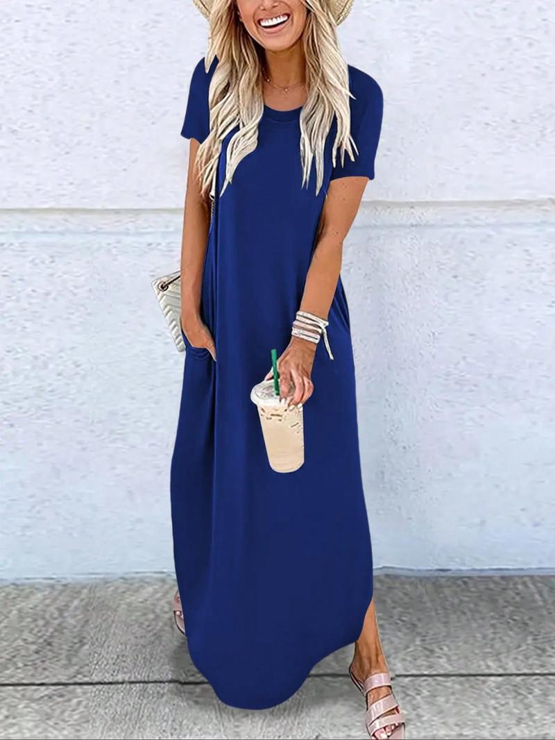 Women's Plain Pocket Round Neck Curved Hem Tee Dress, Casual Soft Short Sleeve Long Dress for Summer, Ladies Clothes for Daily Wear