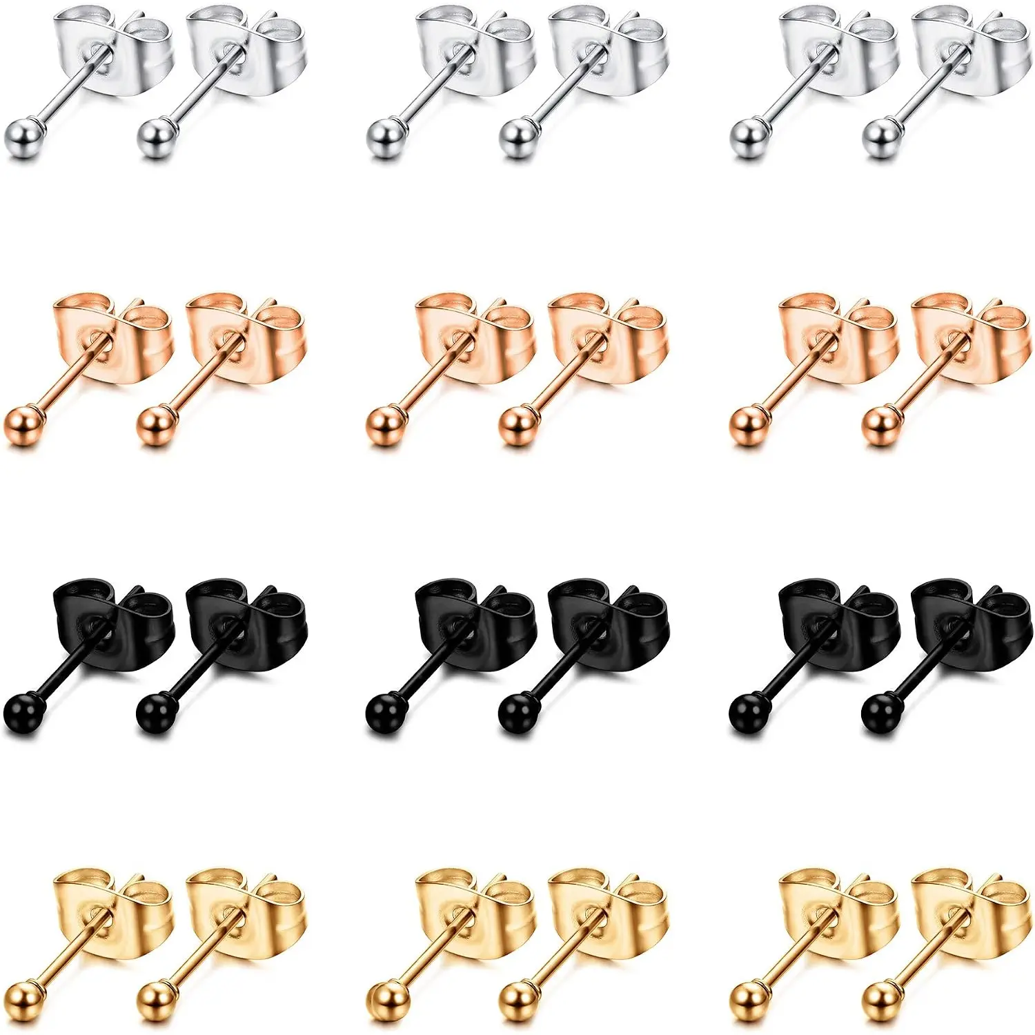 12 Pairs 316L Stainless Steel Ball Stud Earrings, Small Round Ball Gold Plated Earrings for Women Men, Ball Diameter 2mm, Pin Length 10mm