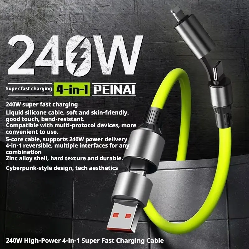 4-in-1 Multi USB Charging Cable, 240W Super Fast Silicone Type-C & Lightning Cord for iPhone, Samsung Android, Laptops & Travel