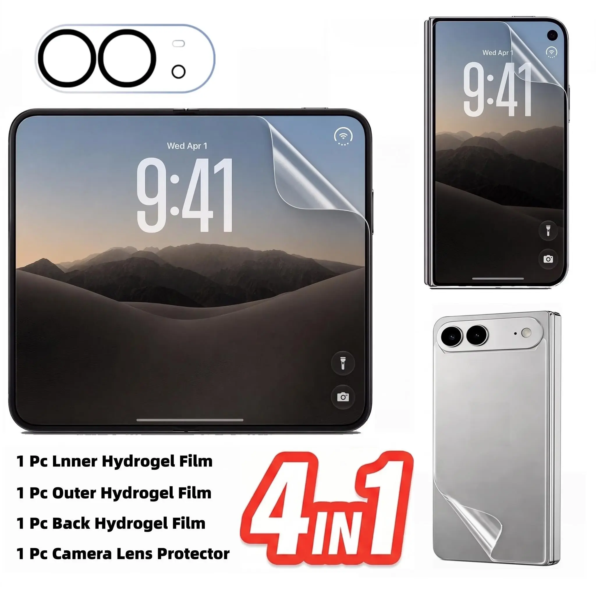4-Piece Set iPhone Duo Protection Kit, Inner & Outer Hydrogel Films, Back Hydrogel Film, Tempered Glass Camera Protector, Anti-Scratch, Clear