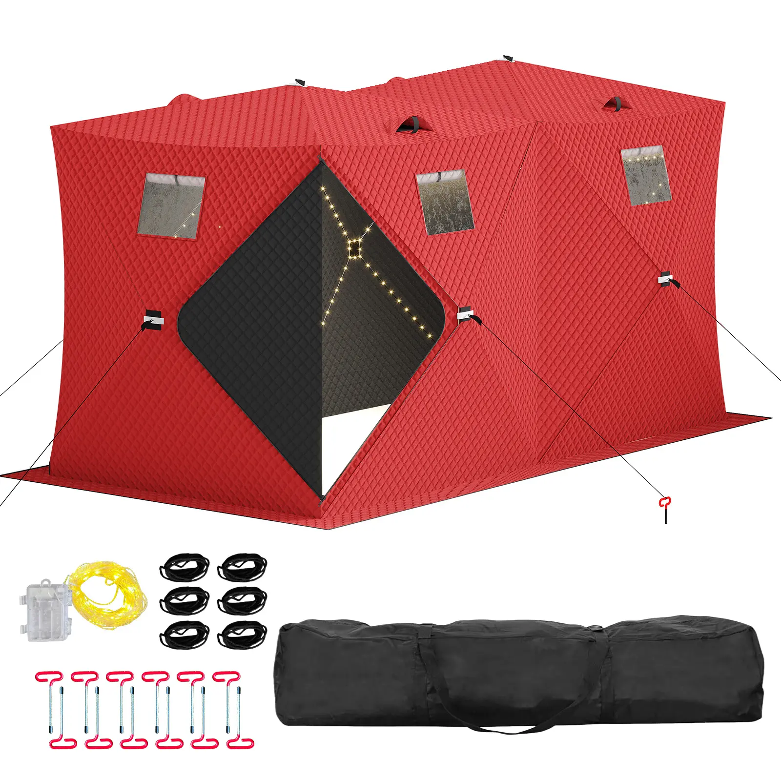 Pop Up Ice Fishing Shelter, Windproof Insulated Hub Structure, Built-In 49ft LED Light Strip, Portable Ice Fishing Tent with 25-69 sq ft Fishable Large Space, Includes Guy Ropes, Accommodates 1-8/5-7 People, Portable Tent