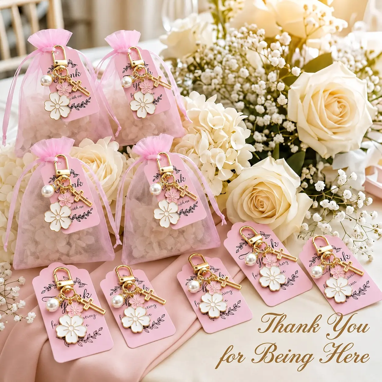 30pcs/10sets Floral Cross Keychain Party Favors, Pink Religious Keepsake Gifts with Organza Bags and Thank You Tags, Christian Baby Shower Favors for Guests, Baptism Christening Communion Gifts, Wedding Shower Favors and Special Celebration Souvenirs