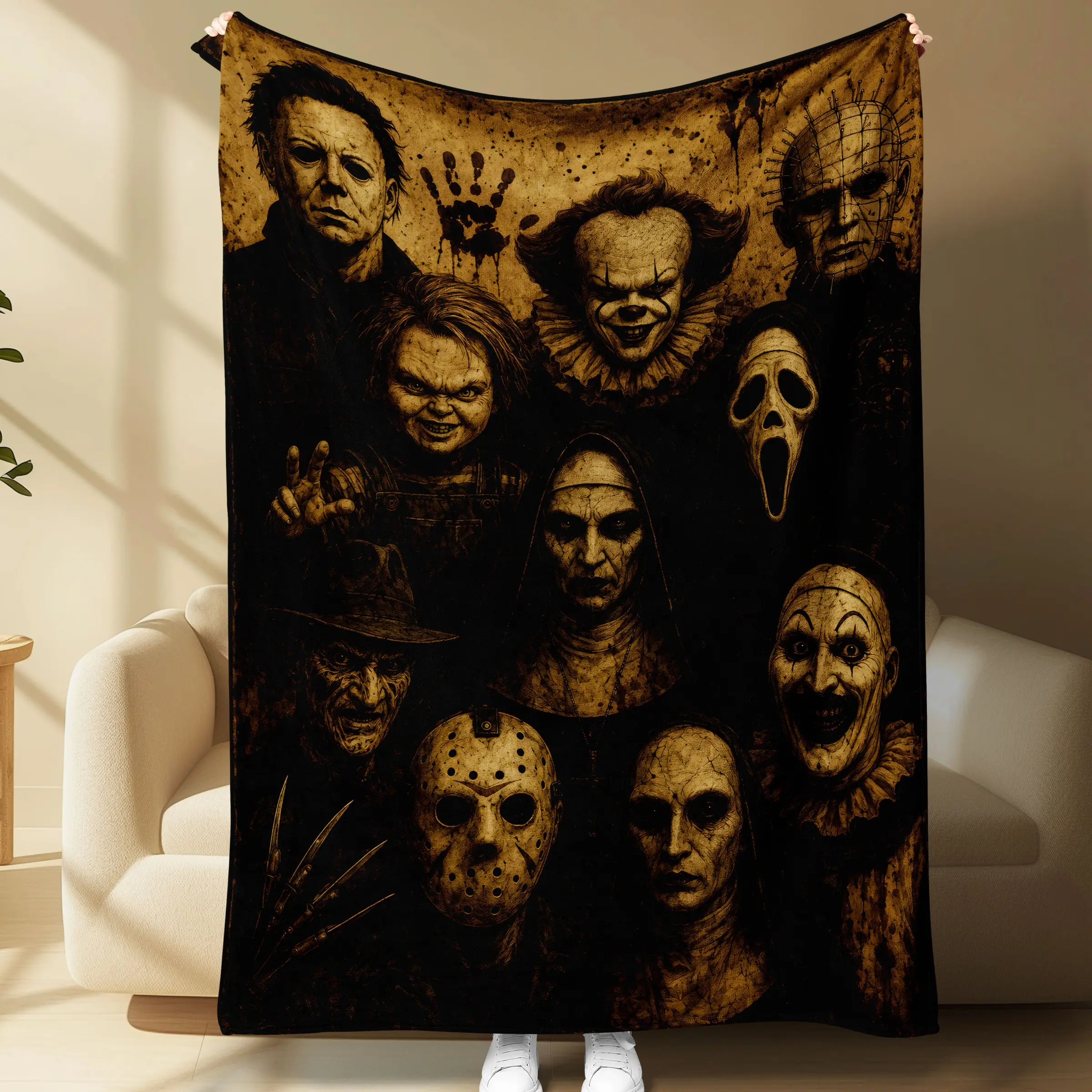 Horror Movie Villains Flannel Throw Blanket, Michael Myers Pennywise Chucky Ghostface Jason Freddy, Soft Cozy Warm for Couch Sofa Bed