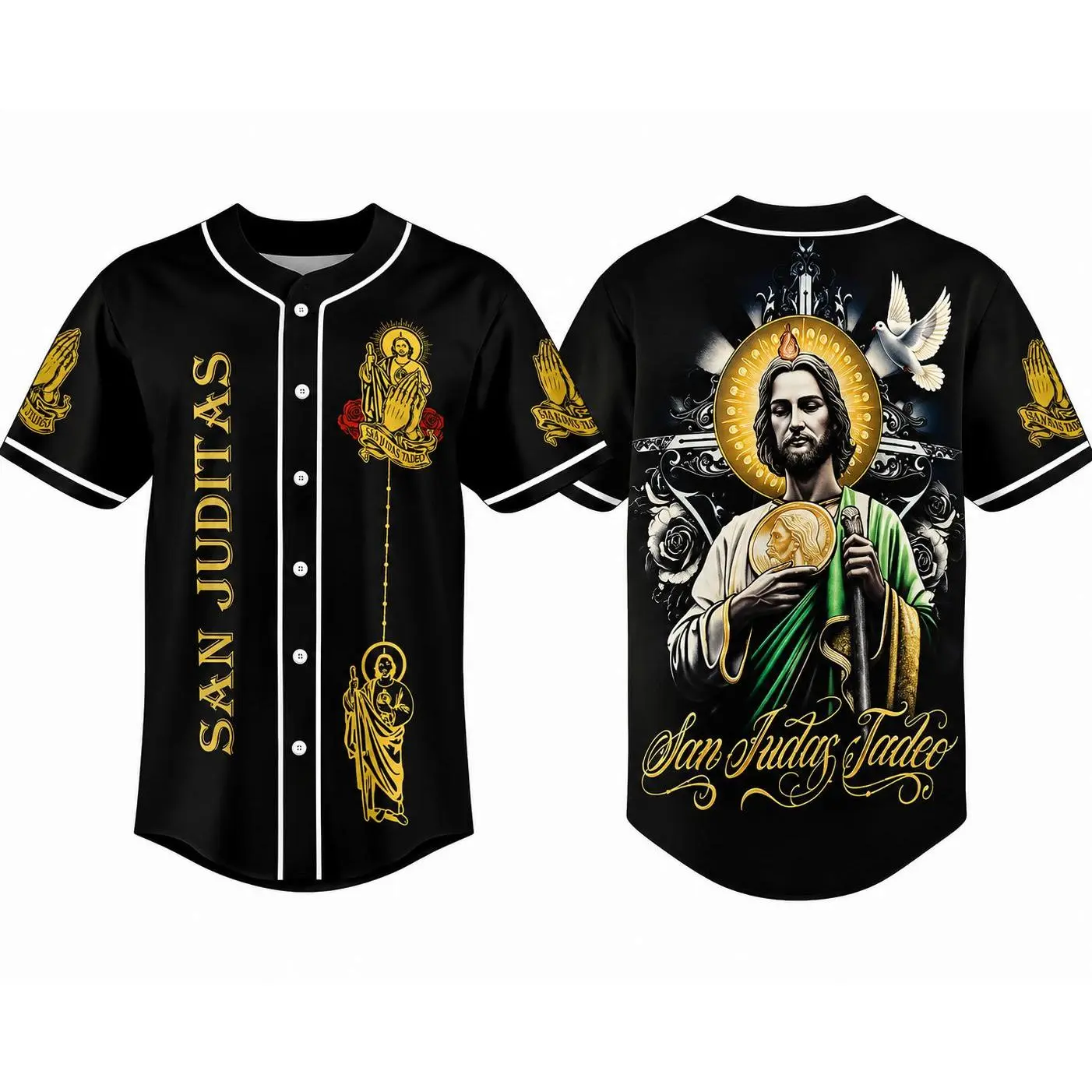 San Judas Tadeo Faith Baseball Jersey, Black Gold Button Up Shirt,Lightweight Breathable Polyester Fabric, Short Sleeve Prayer-Inspired Top for Church Events, Cultural Celebrations, Streetwear & Daily Wear，Religious Saint，Size S-5XL, clothes, outfits