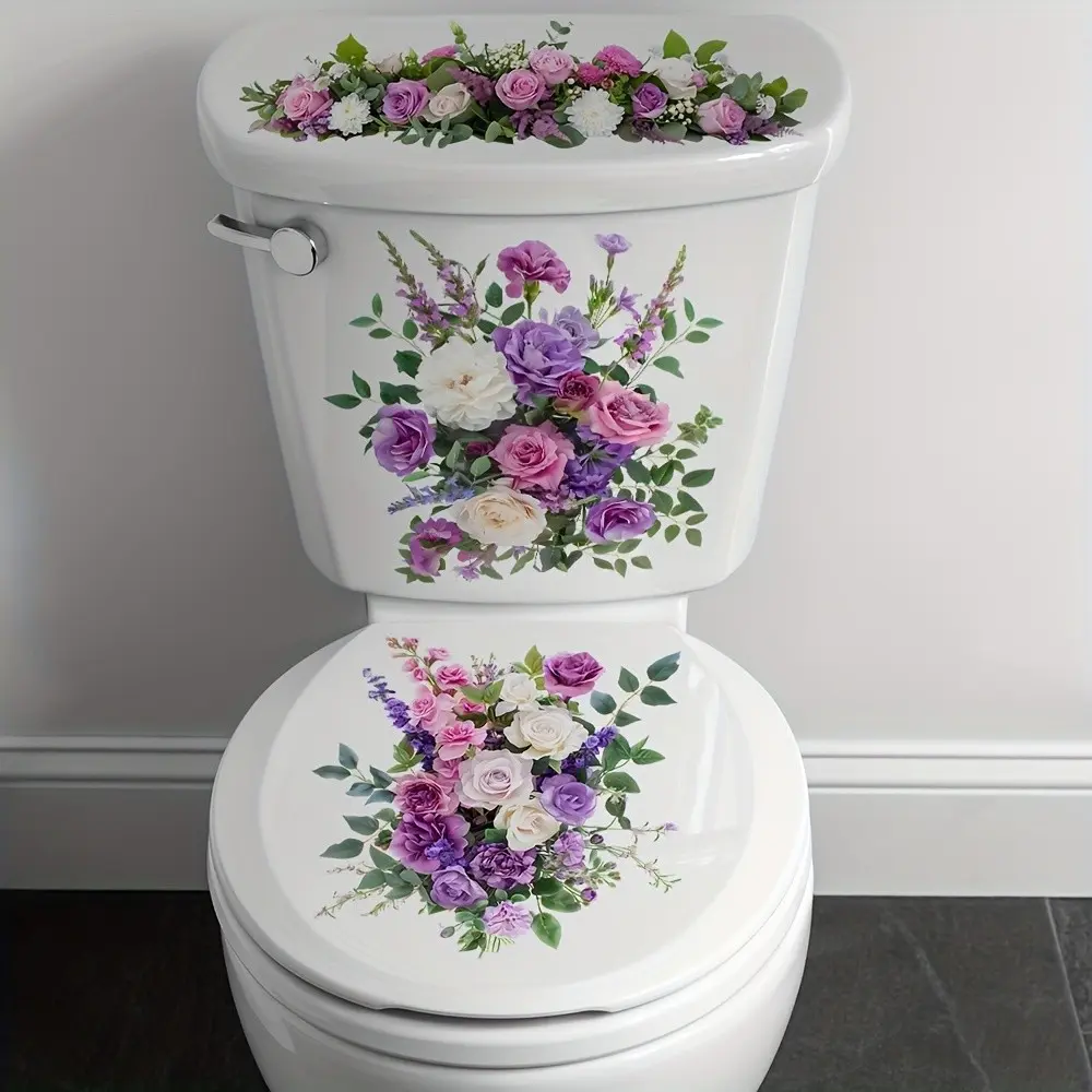 Elegant Floral Toilet Stickers, Removable Self-Adhesive Vinyl Decals, Perfect for Bathroom Decor, Romantic Plant Theme, Colorful Rose Design, Bathroom Decoration Accessories
