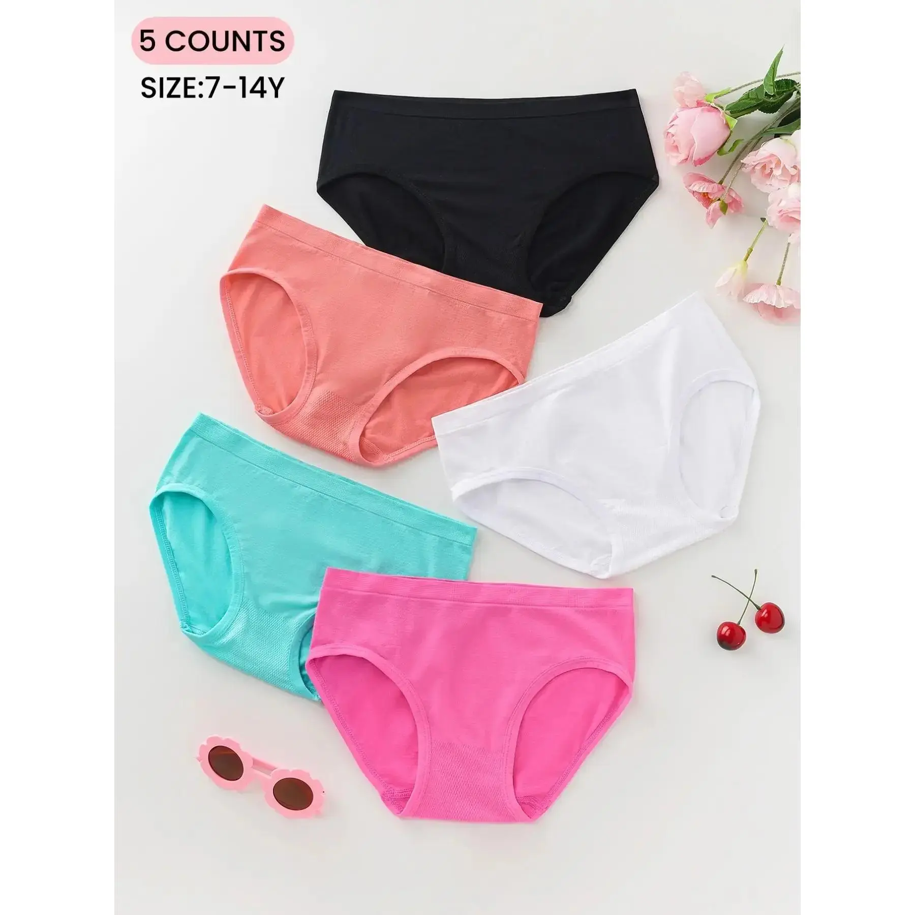 7-Pack Cute Comfortable Basic Girls' Triangle Everyday Wear Underwear, All Seasons Solid Color, Breathable Youth Panties for Ages 7-14..