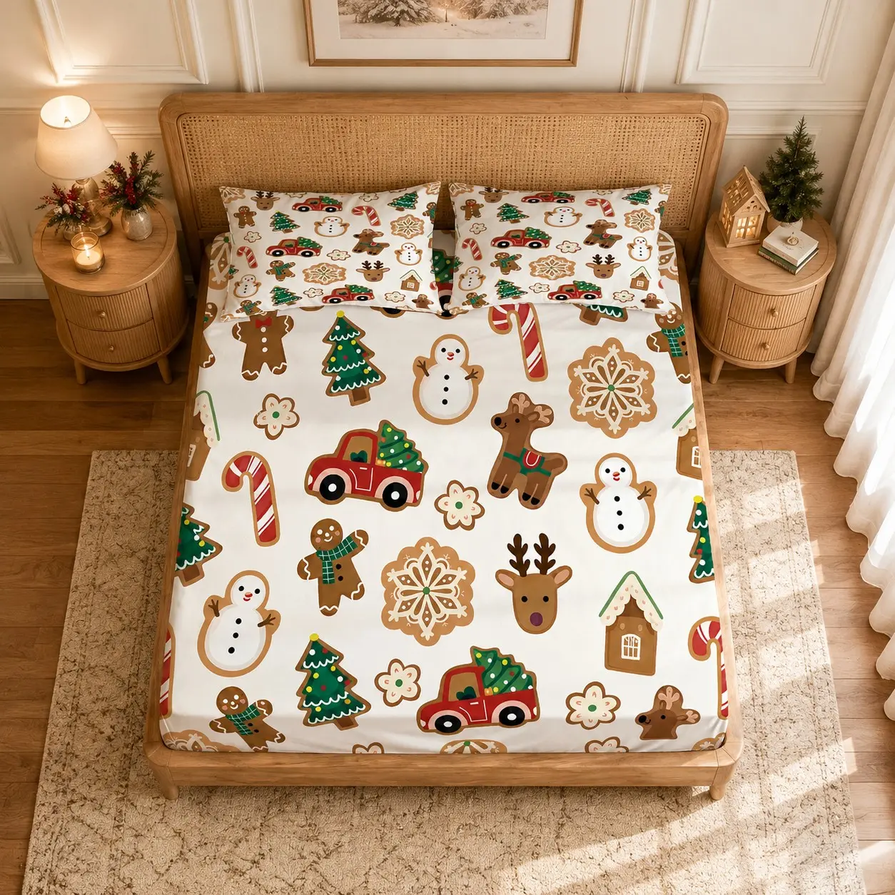 Christmas Gingerbread Man Pattern Fitted Sheet Set, Set of 1 Fitted Sheet + 2 Pillowcases, without Pillow Inserts, Great for Teen, Girls and Adult Bedroom Decor, Wonderful Holiday Gift, for Festive Styling in Family Bedrooms and Guest Rooms