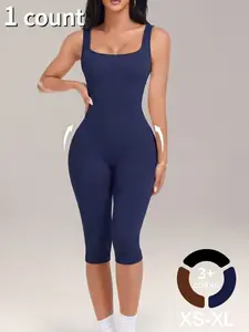 1/2/3PCS Women's Workout Shapewear Capri Jumpsuit Square Neck Seamless Tummy Ribbed Sexy Backless Jumpsuit For Gym Yoga Running Outdoor Sports