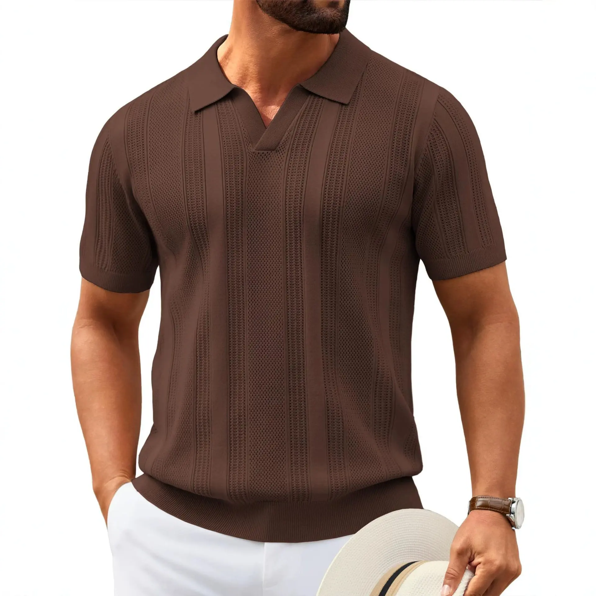 2026 Men's Premium Vertical Striped Openwork Knit Polo Shirt, V-Neck Placket Collar Short Sleeve Textured Top, Lightweight Breathable Summer Casual Golf Daily Menswear