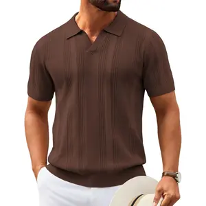2026 Men's Premium Vertical Striped Openwork Knit Polo Shirt, V-Neck Placket Collar Short Sleeve Textured Top, Lightweight Breathable Summer Casual Golf Daily Menswear