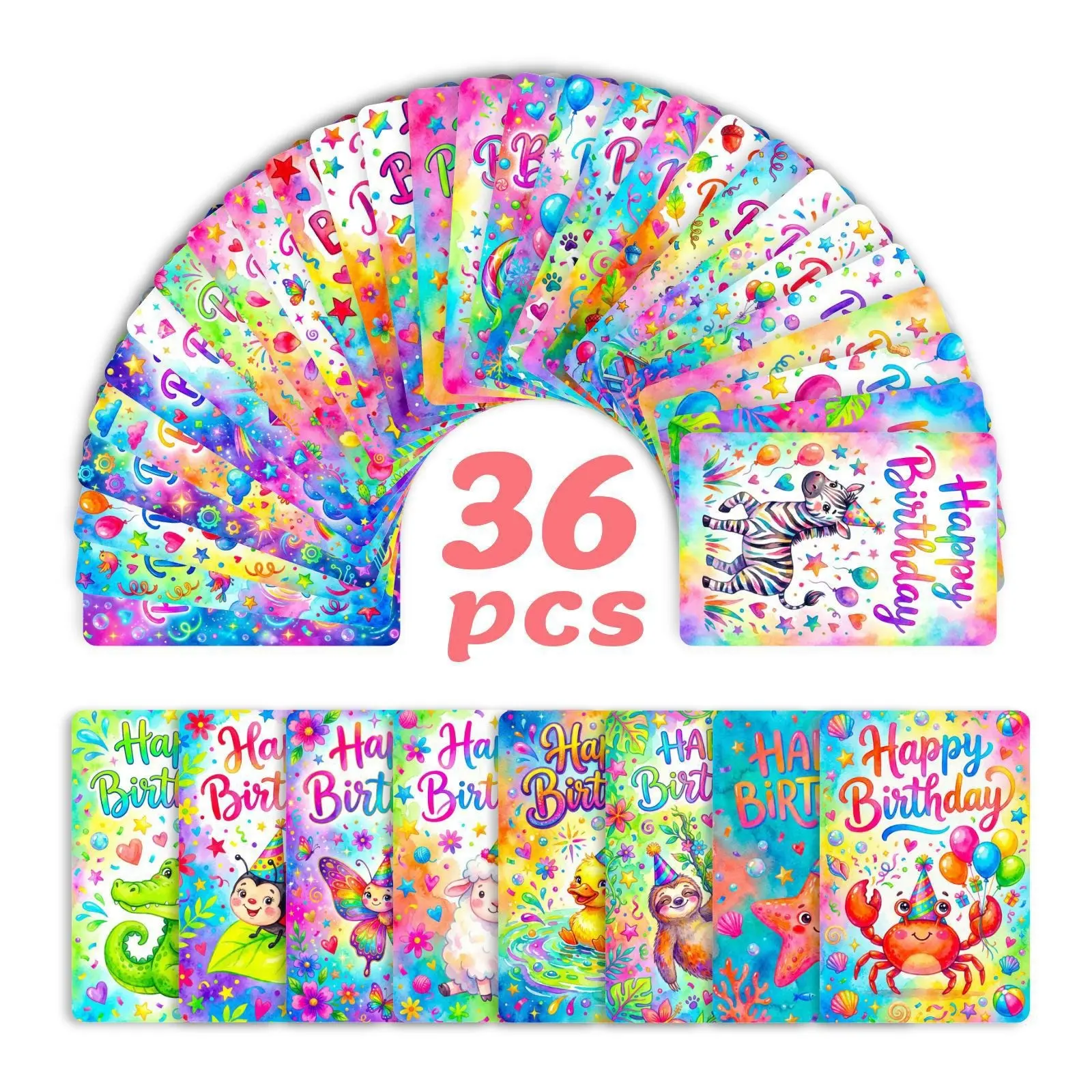 36 Sheets Hand-Drawn Watercolor Animal Text Birthday Cards, Emotional Expression Postcards, Birthday Greeting Cards, Gift Cards