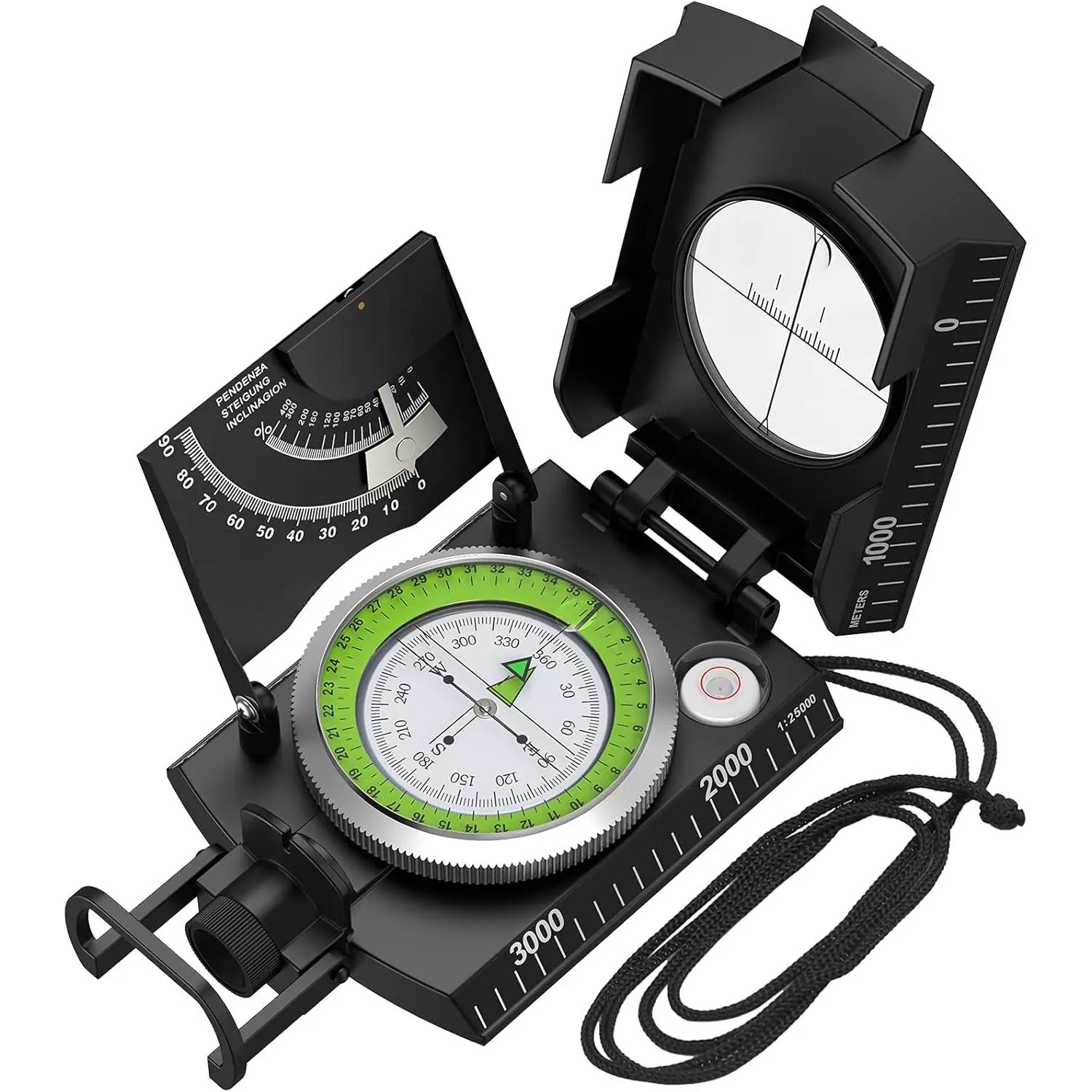 Lensatic Sighting Compass IP65 Waterproof with Clinometer Bag |   Waterproof Shockproof Built-in Clinometer Luminous Dial Arrow Metal Foldable Lid For Camping Hiking Hunting Geology