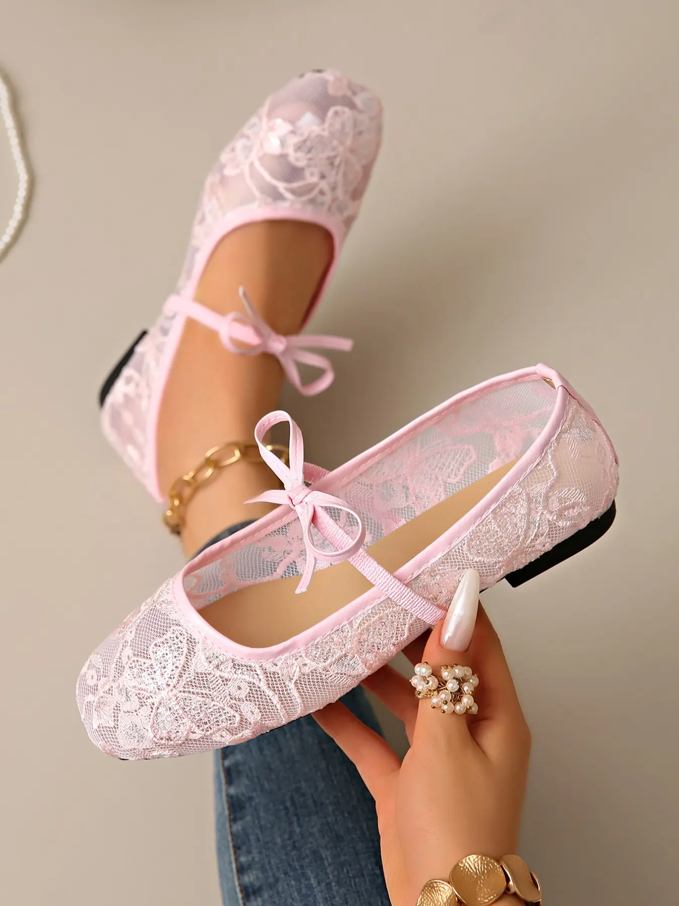 Women's Shiny Lace Bow Flat Shoes, Transparent Mesh Square Toe, Party & Daily Wear, Lightweight Comfortable, Wedding Shoes, Flats Shoes