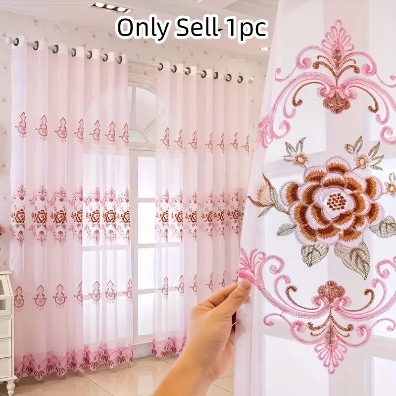 1pc Elegant Embroidered Transparent Window Curtain, Floral Pattern Drapes, Eyelet Curtains for Living Room Bedroom Balcony Home Decor