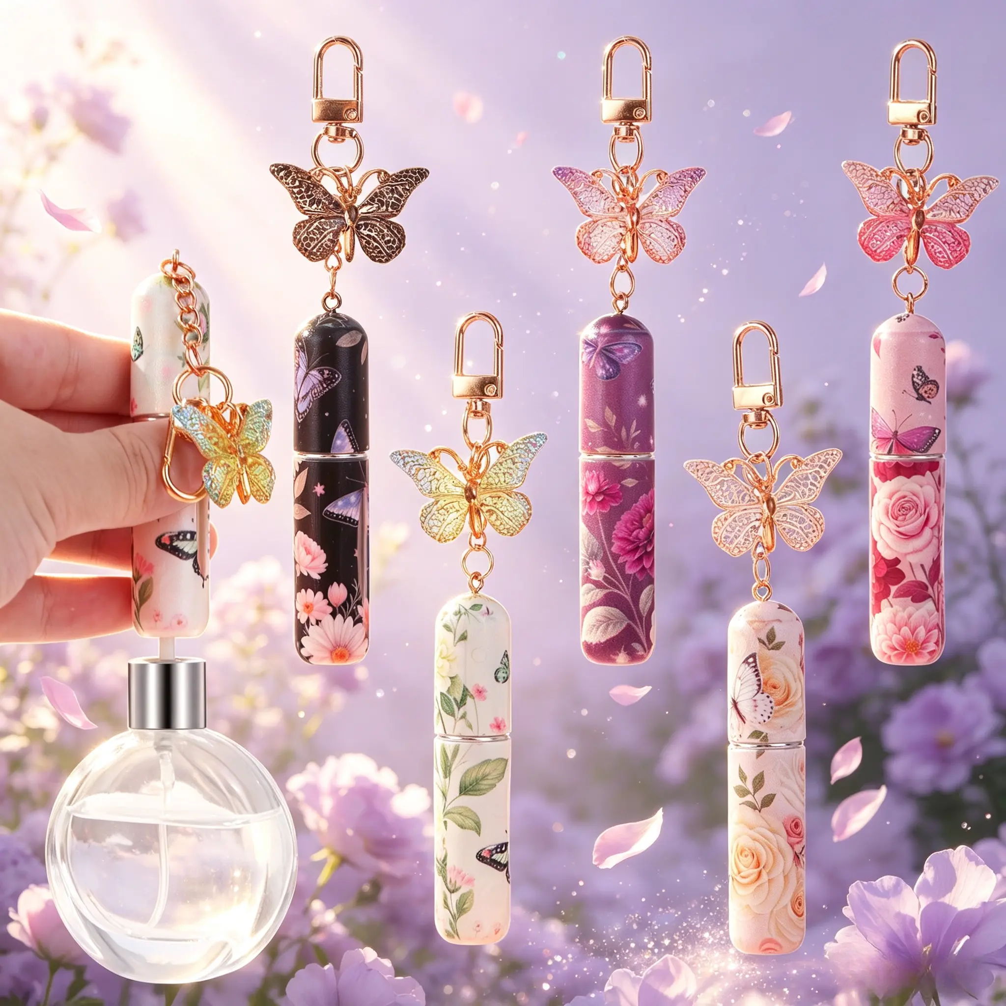 Ins Floral Butterfly Charm Perfume Refill Bottle, Reusable Press Spray Design, Bag Pendant Mini Empty Vial For Fragrance And Hydrating Mist
