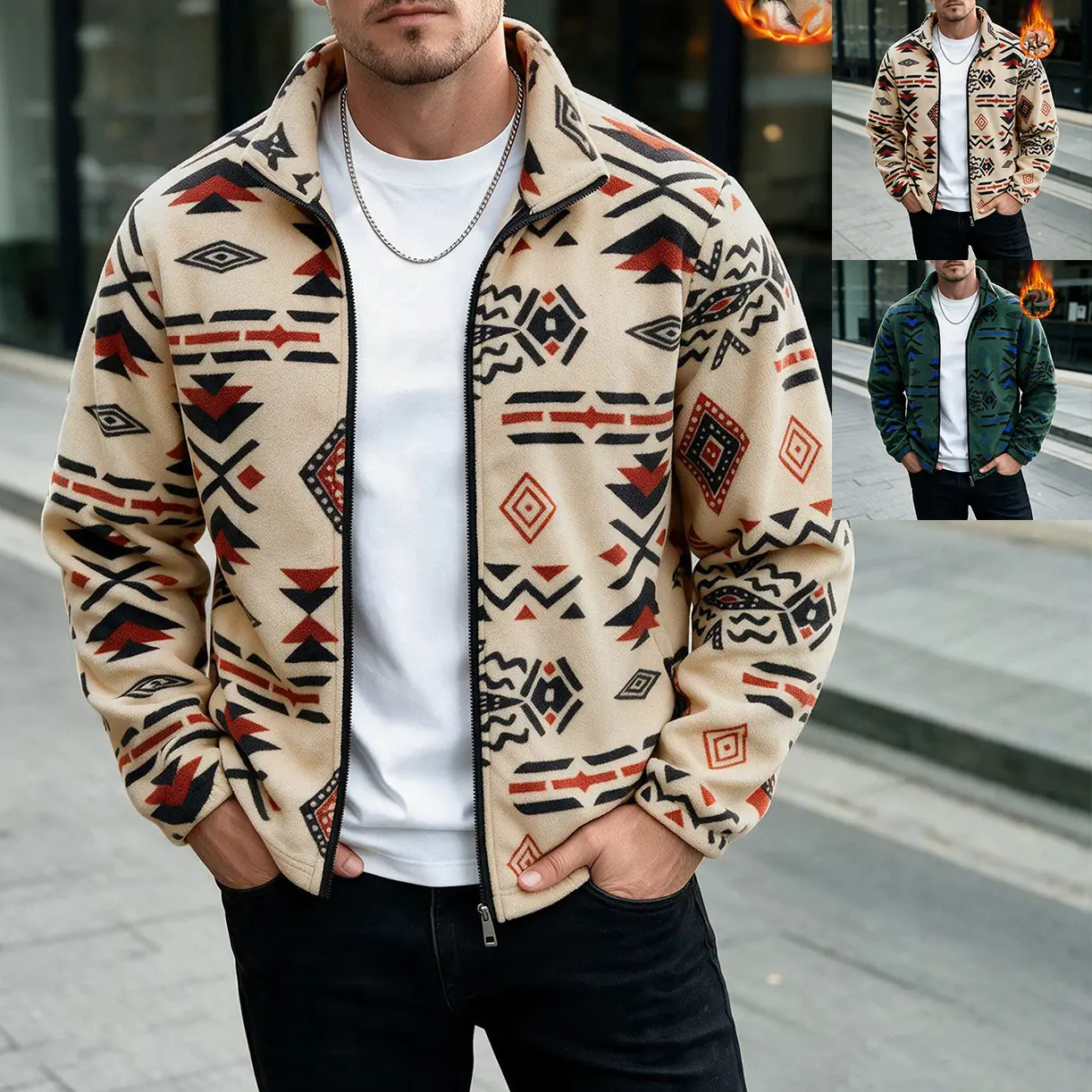 Men's Printed Fleece Jacket Full Zip Stand Collar, Geometric Pattern Casual Outerwear for Men, Warm Lightweight Fall Winter Jacket for Travel, Hiking, Camping, Streetwear, Work, Weekend, Outdoor Activities and Everyday Wear