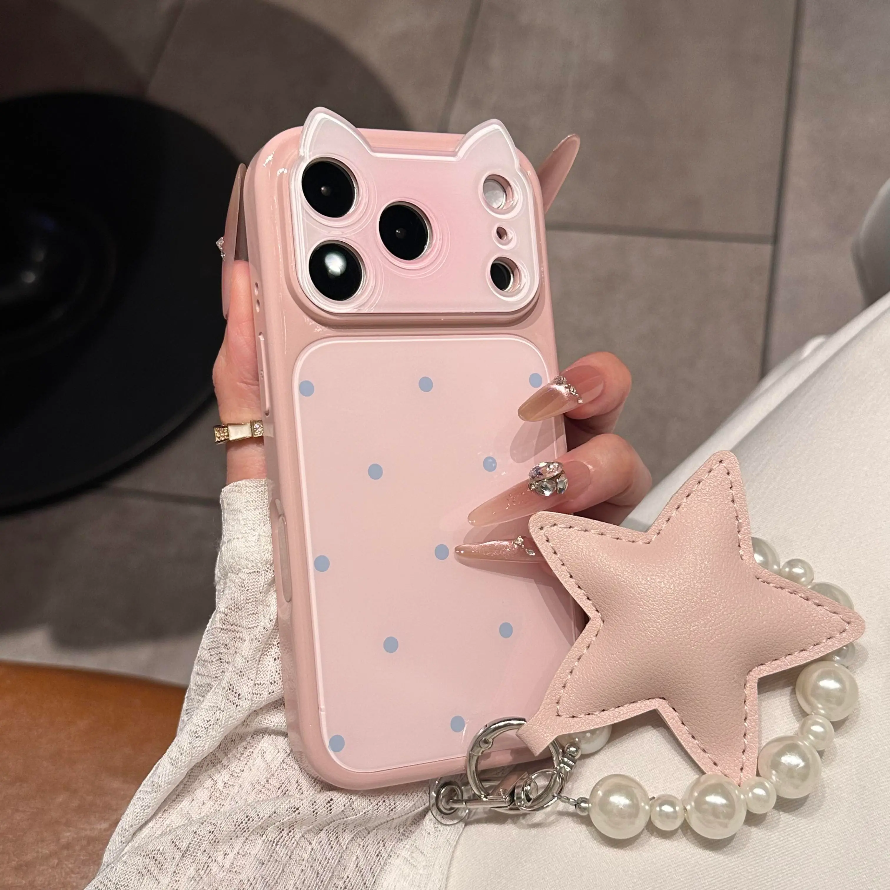 (Case & Nova.)Kawaii 3D Cat Ear Frame Polka Dot Back Cover, Large Full Camera Lens Cutout Anti-Drop Phone Case Compatible with iPhone 17 Pro, iPhone 16 Pro Max, iPhone 15, iPhone 14, iPhone 13