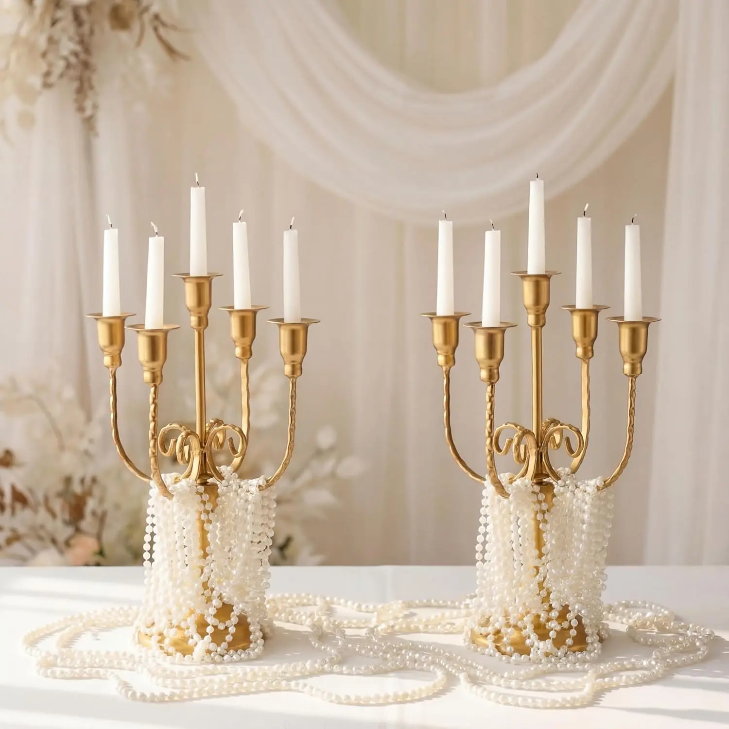 Yungyan Metal Gold Candelabra Centerpiece for Wedding Set of 2 Brass Candelabra Candle Stand with 39.3 ft Pearl Chains 11.8'' Tall 5-branch Vintage Taper Candlestick Holder for Wedding Party Reception