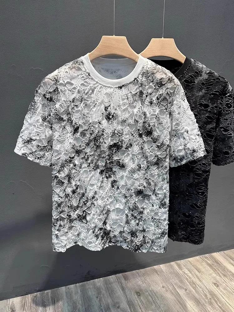 Summer 2026 Trendy Brand Men's T-shirt Loose Casual All-Match Tie-Dye Hole Design round Neck Short Sleeve Breathable