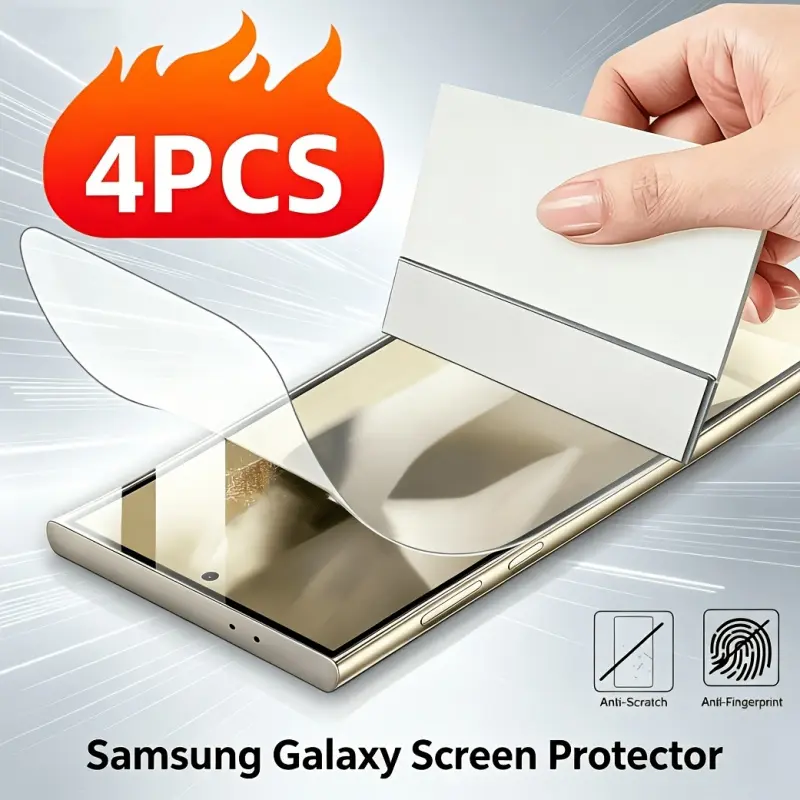 The four-piece set is suitable for the entire Samsung Galaxy S20/S21/S22/S23/S24/S25 series. It includes four ultra-clear hydrogel screen protectors, offering full coverage and scratch resistance