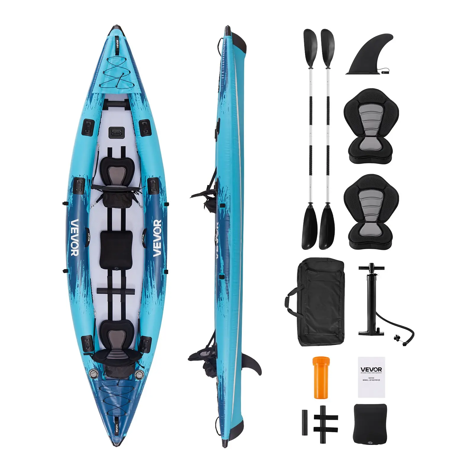 VEVOR Inflatable Kayak, 2-Person Inflatable Recreational Kayak 700LBS Capacity, Leak & Puncture-Resistant with Padded Seat, PVC Drop-Stitch Floor, 2 Paddles, Hand Pump & Carry Bag for Fishing Camping