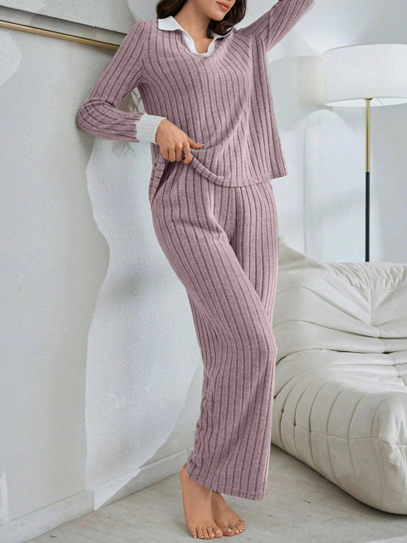 Women's Knit Pinstripe Long Sleeve Pajama Set, V-Neck Polo Neck Casual Sleepwear, Elastic Warm Breathable Home Wear, Fall & Winter
