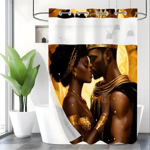 LVRLVR 1pc Luxe Golden Art Black King Queen Intimate Couple Shower Curtain, Warm Amber Gold Glow Background African Royal Melanin Pair Romantic Portrait Print, Sheer Top Light Window, Detachable Liner & Hook-Free Integrated C-Ring, 70.8" x 74"