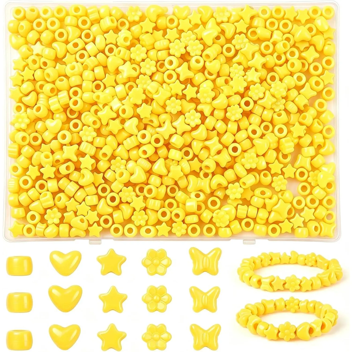 Yellow Shaped Pony Beads in Storage Box 500 count |  Heart Butterfly Flower Yellow Plastic Craft Beads , DIY  Making Supplies for Bracelet Necklace Earring