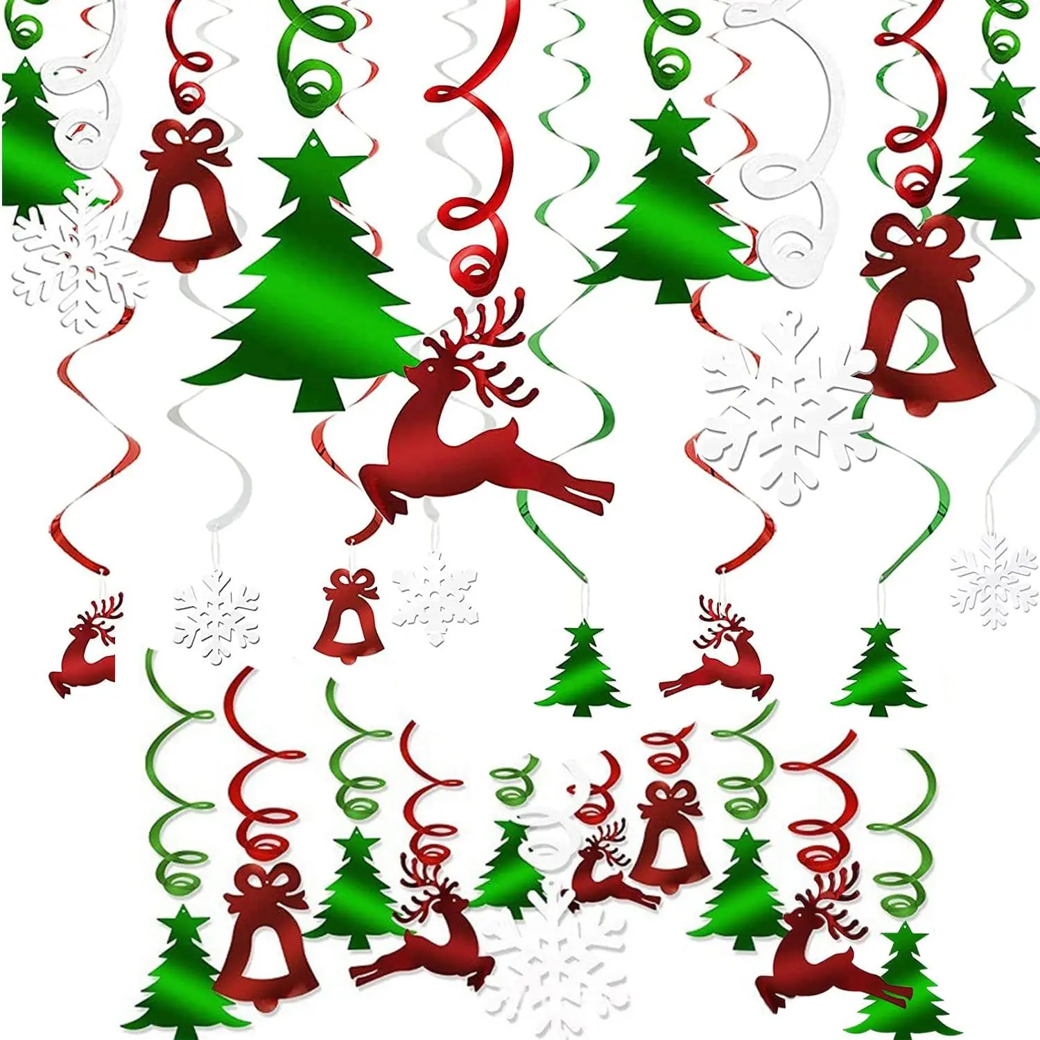 Christmas Party Decorations Foil  Ceiling Swirls (30Pcs Fully-Assembled) Christmas Reindeer  Christmas Tree Snowflake Swirls for Porch  House Bar, Xmas Holiday Supplies Decorations